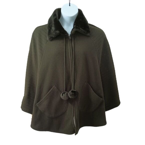 Black Le Moda Poncho Cape Coat with Faux Fur Collar and Pom Pom Ties Full Zip - Picture 2 of 7